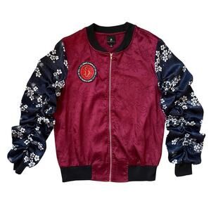 Disney Princess Mulan Bomber Jacket | Red Satin Floral Embroidered, Small EUC